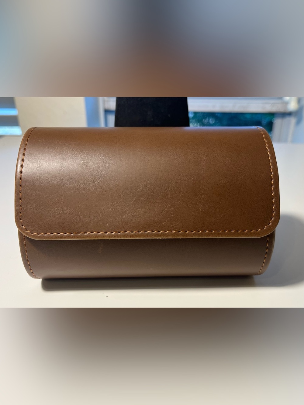 Brown Leather 2-Slot Watch Roll Travel Case – Suede Lining Pillows Snap Close